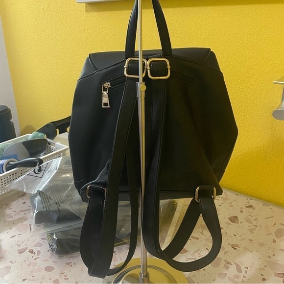 Faux Leather Backpack Black Gold Tone Hardware Great Quality Bag and Size - Picture 3 of 12